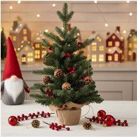 Living and Home 60.5cm Mini Pre-lit Christmas Tree with Berries & Pinecones in Green