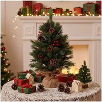 Living and Home 57cm Mini Pre-lit Christmas Tree with Berries & Pinecones, Jute Base in Green