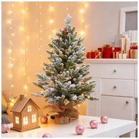 Living and Home 84cm Mini Pre-lit Snow-Flocked Christmas Tree with Berries & Pinecones in White