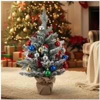 Living and Home 61cm Mini Frosted Christmas Tree with Multicolor Balls & Red Berries in White