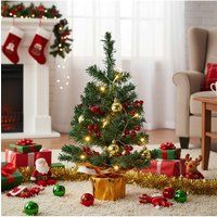 Living and Home 53cm Mini Pre-lit Christmas Tree with Ball Ornaments & Red Berries in Green