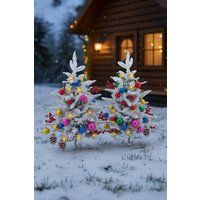 Living and Home 2 Pieces Mini Pre-Lit Frosted Outdoor Christmas Tree with Colorful Ball