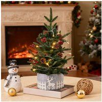 Living and Home Mini Pinecone Berry Pre-Lit Christmas Tree with Deer Pattern Base | Size: Large