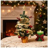 Living and Home 61cm Mini Pre-Lit Christmas Tree with Star Topper, Ribbon & Ornaments