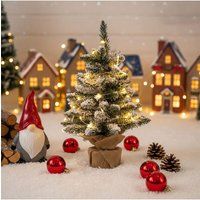 Living and Home Mini Pre-Lit Frosted Christmas Tree Tabletop Decor with Burlap Base in White