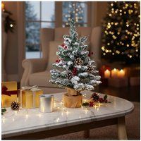 Living and Home Mini Frosted Christmas Tree with Pinecones, Red Berries & Burlap Base in White