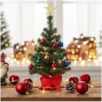 Living and Home 64cm Mini Pre-Lit Christmas Tree with Ornaments & Ribbon Bow Base