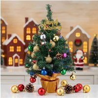 Living and Home Mini Pre-Lit Christmas Tree with "Merry Christmas" Top & Baubles