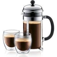 Bodum Chambord K1928-16-1 Cafetière Set with 8 Cups 1.0 L + 2 Double-Walled Glasses 0.35 L