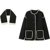 Oversized Trim Jacket With Matching Removable Scarf - Black