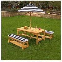 KidKraft 106 Wooden Outdoor Table Bench Set with Pillows and Umbrella, Garden Furniture for Children and Kids, Navy and White Stripes