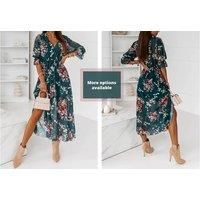 Womens V-Neck High Split Flower Print Maxi Dress - 5 Designs! - Black