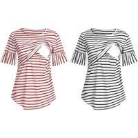 Women'S Breastfeeding Sleeve Striped Shirt - Red & Black Colours