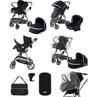 3 in 1 Pram Stroller Set, with Infant Carry Cot, Baby Pushchair, Buggy, Foldable, for Newborn, from Birth to 3 Years, Changing Bag, Mosquito Net and Rain Cover - Black with Silver Trim