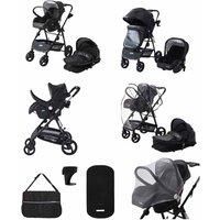 3 in 1 Pram Stroller Set, with Infant Carry Cot, Baby Pushchair, Buggy, Foldable, for Newborn, from Birth to 3 Years, Changing Bag, Mosquito Net and Rain Cover - Black with Black PU Trim