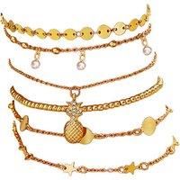 Bohemian Multi-Pack Layered Chain Anklet Set In Alloy, Faux Pearl & Rhinestone