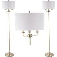 Pair of 2 3 Light Antique Brass Floor Standard Light with Grey Fabric Shade