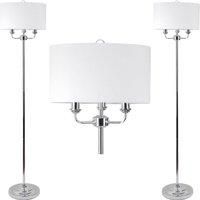 Pair of 3 Light Chrome Floor Standard Light with Light Cream Fabric Shade