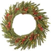 National Tree Dorcester Fir 24" Wreath With Berries, Cones & 50 Warm White Leds