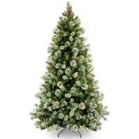 7.5' Wintry Pine Tree Hinged Christmas Tree With Cones, Red Berries & Snowflakes