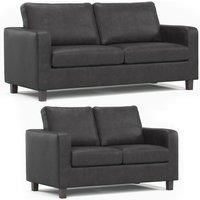 York Black Faux Leather Boxed Arm Sofa Suite 3 + 2 Sofas