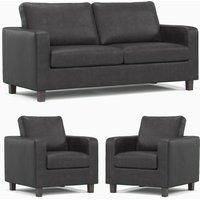 Furnishings For Less UK York Black Faux Leather 3 Piece Sofa Suite 3 Seater and 2 x Armchairs, Square Arms (3 + 1 + 1 3 Piece Sofa Suite)