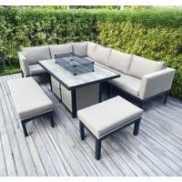 Garden Beige Metal Furniture L Shaped Dining Patio Set Gas Fire Pit