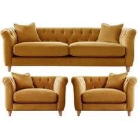 Elsie Plush Velvet Fabric Chesterfield Ochre Mustard 3 Piece Sofa Suite 3 1 1