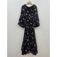 New Women Black Long Sleeve Floral Printing V-Neck Midi Dress High Quality Beach Style Bohemian Chic Sweet Casual Vintage Spring