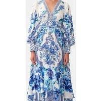 100% Real Silk New Women Puff Sleeve Diamond Blue Floral Printing V-Neck Midi Dress High Quality Beach Style Bohemian Chic Sweet