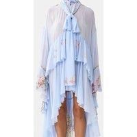 100% Rea lSilk New Women Long Sleeve Blue Floral Printing Midi Dress High Quality Beach Style Bohemian Chic Sweet Lace-up Luxury