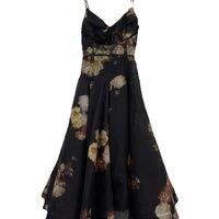 Silk Linen New Women Spaghetti Strap Hollow Out Floral Printing Midi Dress High Quality Beach Style Bohemian Chic Sweet Black