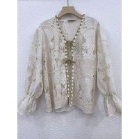 Cotton Women New Long Sleeve Embroidery Hollow Out Shirts Elegant Vintage Chic High Quality Runway Designer V-Neck Solid Blouse