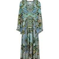 100% Real Silk Women High Quality V-Neck Printing Long Sleeve Midi Dress Green Beach Style Vintage Bohemian Chic Sweet Diamond