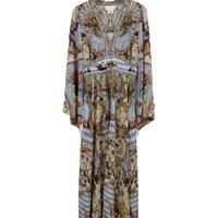 100% Real Silk High Quality Women V-Neck Printing Long Sleeve Midi Dress Beach Style Vintage Bohemian Diamond Chic Sweet Luxury