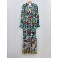 100% Real Silk Women Long Sleeve V-Neck Floral Printing Midi Dress High Quality Vintage Elegant Chic Sweet Diamond Bohemian