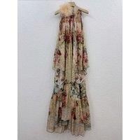 100% Real Silk High Quality Women Floral Printing Sleeveless Bohemian Midi Dress Vintage Elegant Chic Sweet Diamond Beach Style