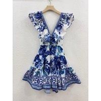 Women V-Neck Printing Backless Lace-up Spaghetti Strap Bohemian Mini Dress Vintage Chic Sweet Beach Style High Quality Luxury