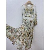 100% Real Silk Women V-Neck Printing Long Sleeve Bohemian Midi Dress Vintage Elegant Chic Sweet Beach Style High Quality Luxury