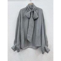 Silk Cotton Women New Long Lantern Sleeve Striped Shirts Elegant Vintage Chic Office Lady High Quality Runway Designer Blouse