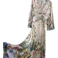 100% Real Silk Women New V-Neck Floral Printing Flare Sleeve Midi Dress High Quarterly Bohemian Vintage Elegant Diamond Luxury