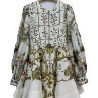 Silk Linen Women New O-Neck Flower Printing Lantern Sleeve A-Line Mini Dress Vintage Sweet Elegant Casual Luxury Chic Bohemian