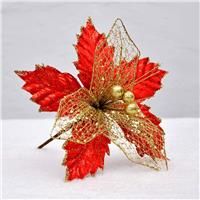 SUREH Artificial Poinsettia Flowers Glitter 9pcs Red 9inch Red Xmas