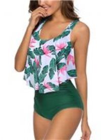 DOULAFASS Women Ruffled Top with High Waisted Bottom Tankini 2 Green