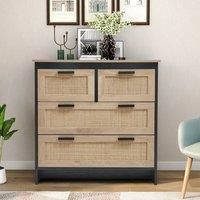 Beige Wooden Storage Cabinet with Rattan Drawer Console Table
