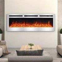 LED Electric Wall Mounted Fireplace Recessed Fire Heater 12 Flames With Remote, Silver 60inch