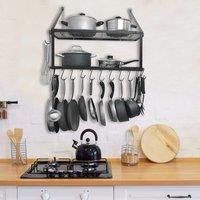 2 Tier Wall Mounted Kitchen Hanging Pot Rack with Hooks