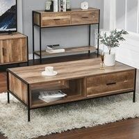 Metal Frame Wood Grain Coffee Table with Drawer and Shelf Storage Stand