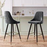 Set of 2 Velvet High foot Bar Stool Buttoned Back, Grey