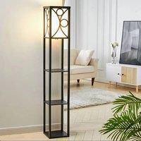 3 in 1 Wooden and Linen Floor Lamp with Shelves,Black Geometric Pattern